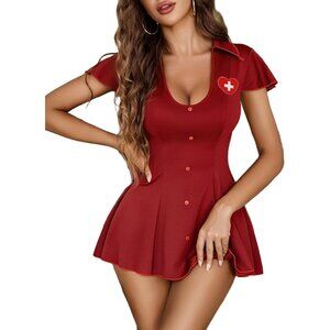 Women Red Sexy Lingerie Babydoll Dress U Neck Chemise Nightie Boudoir Outfits